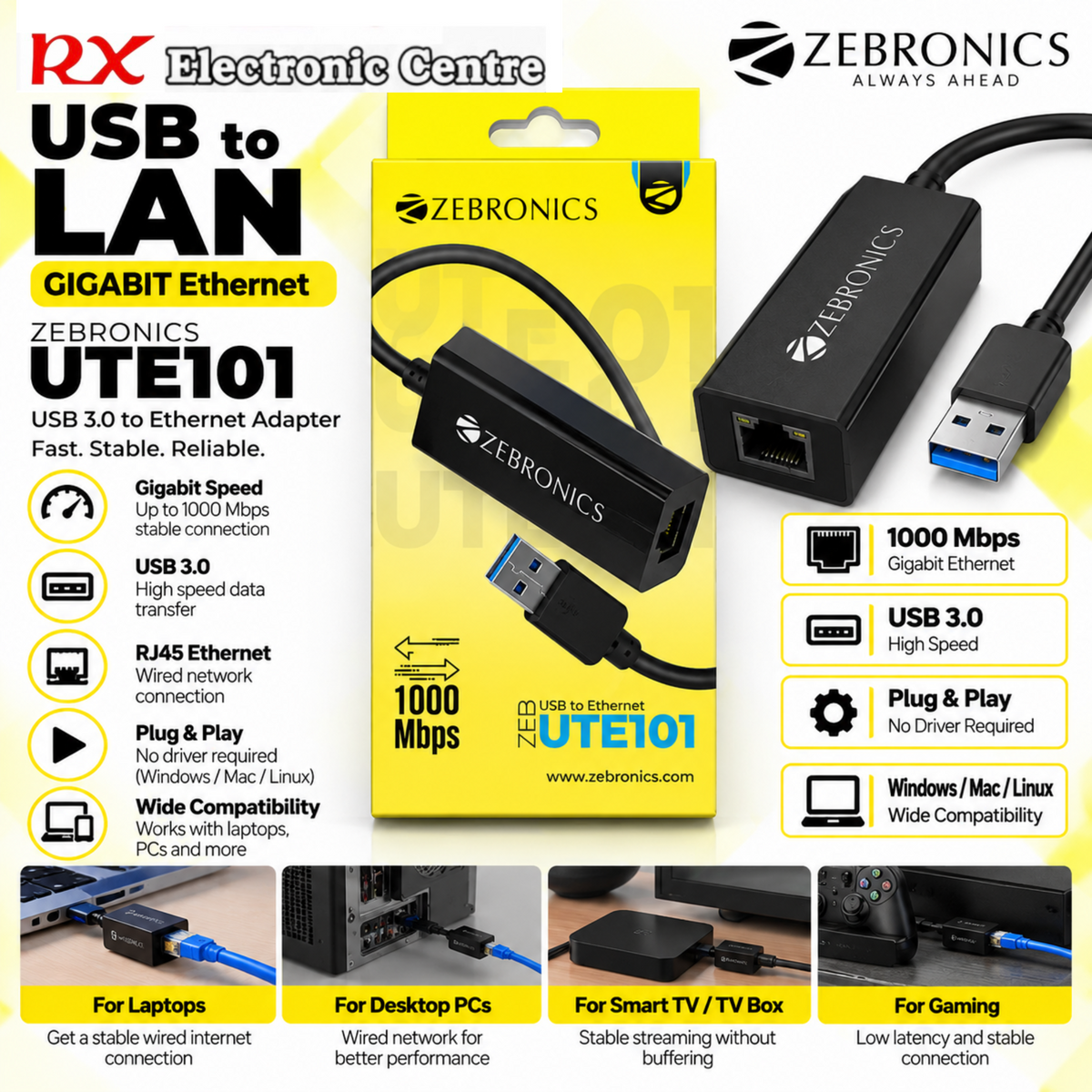 Zebronics ZEB-UTE101 USB 3.0 to Gigabit Ethernet LAN Adapter | 1000Mbps RJ45 – Black