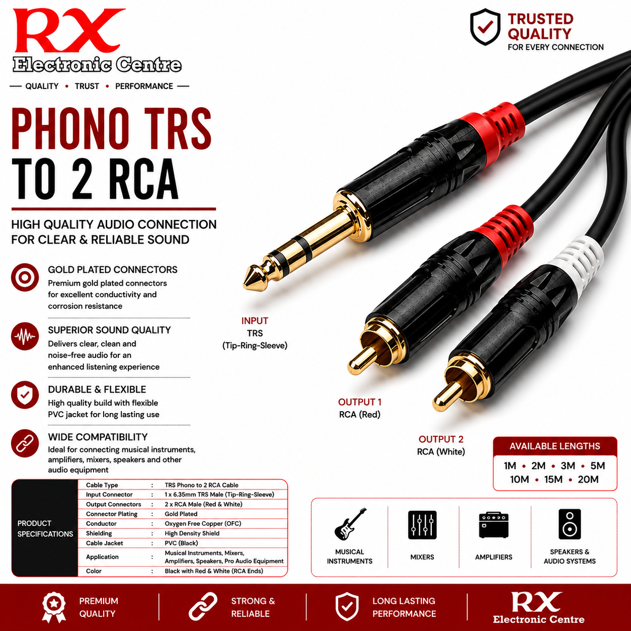 Premium Phono TRS to 2 RCA Audio Cable