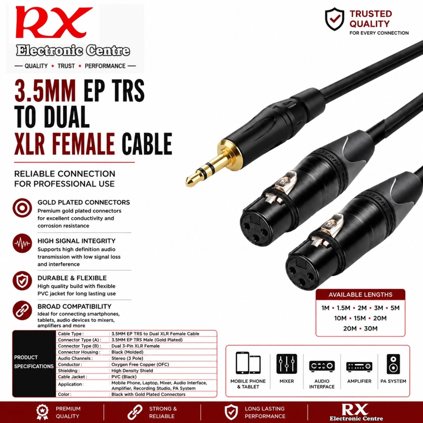 Premium 3.5MM EP TRS to Dual XLR Female Cable