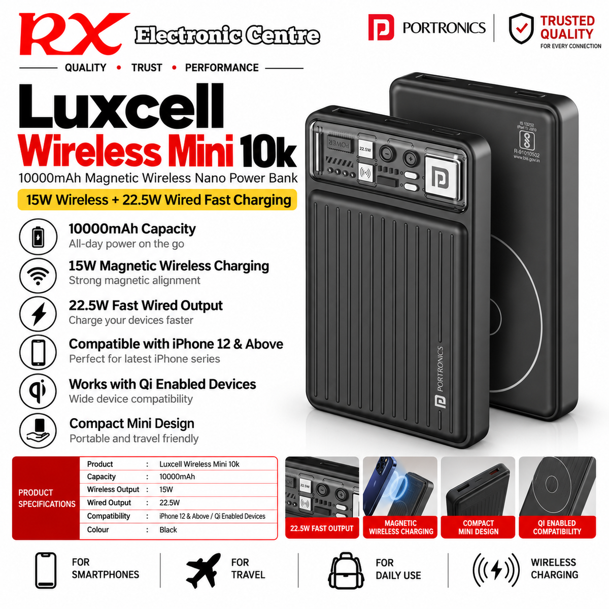 Portronics Luxcell Wireless Mini 10K 10000mAh Magnetic Power Bank | 15W Wireless & 22.5W Wired Fast Charging – Black