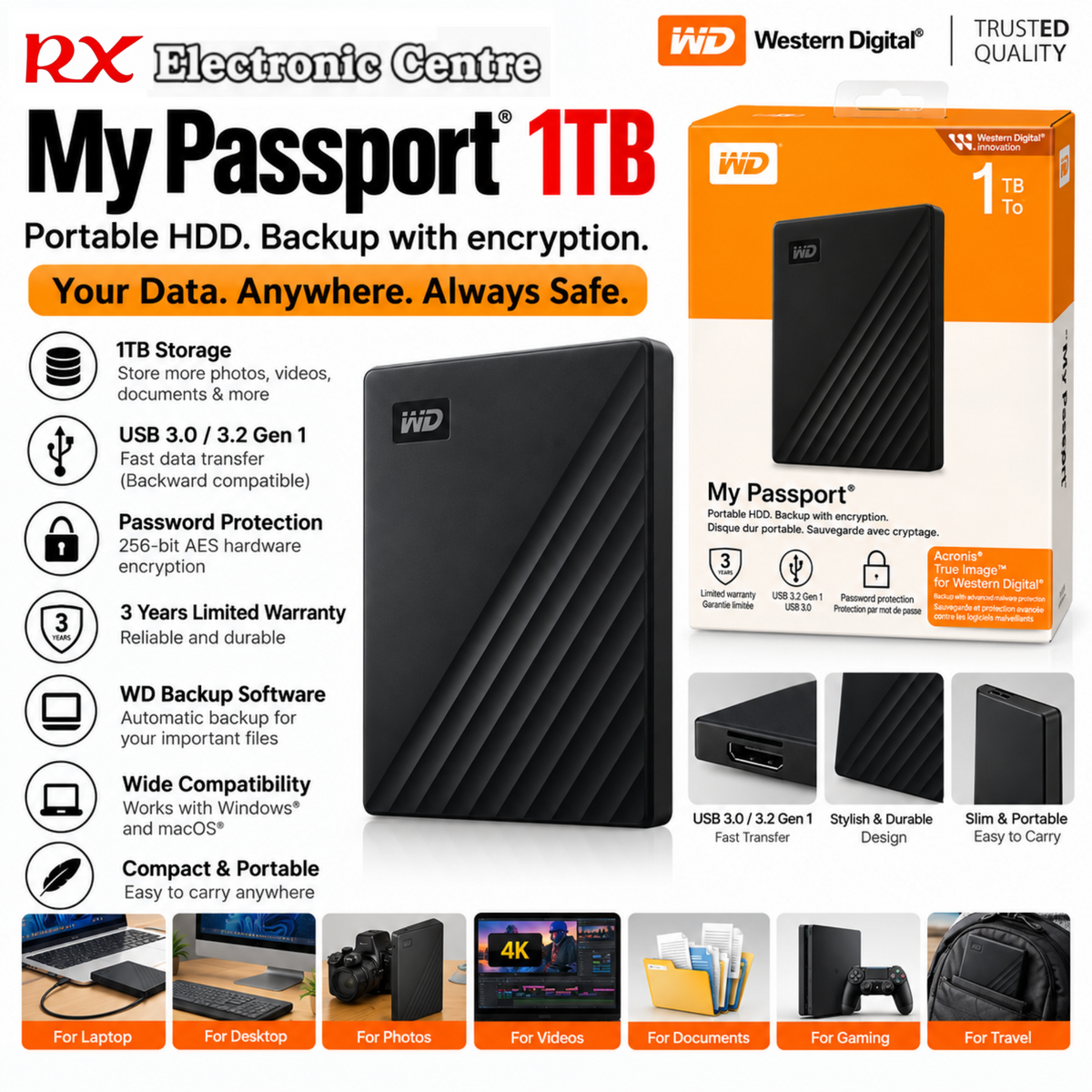 WD My Passport 1TB Portable External Hard Drive | USB 3.2 Gen 1 | Password Protection & 256-bit AES Encryption – Black