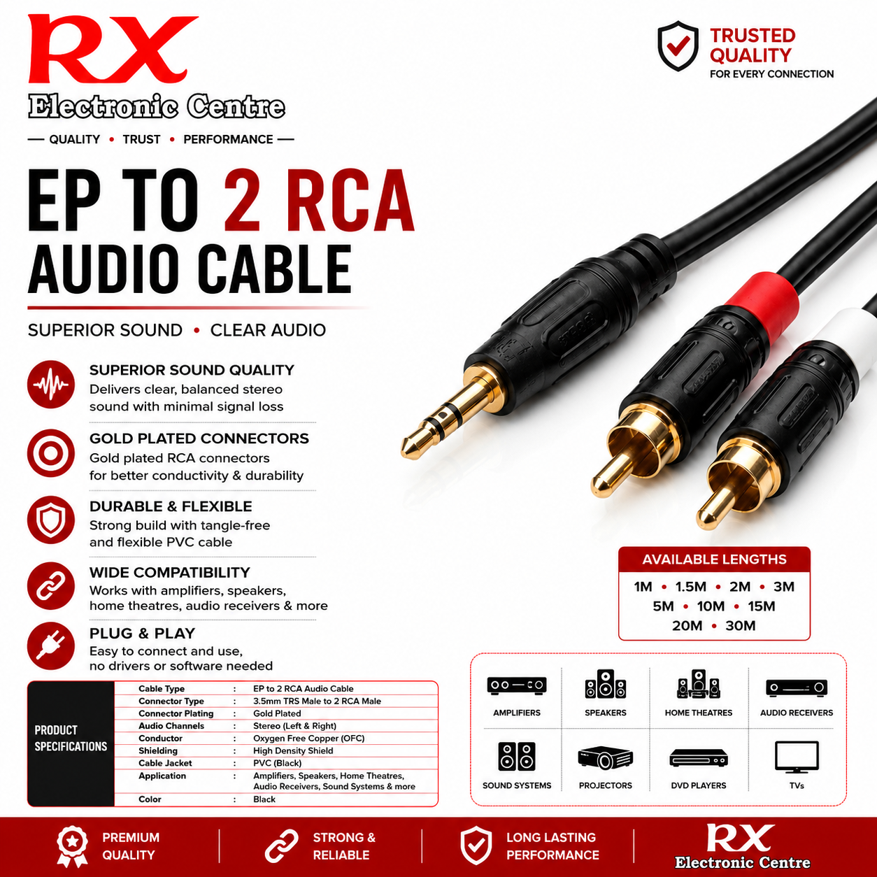 Premium EP to 2 RCA Audio Cable
