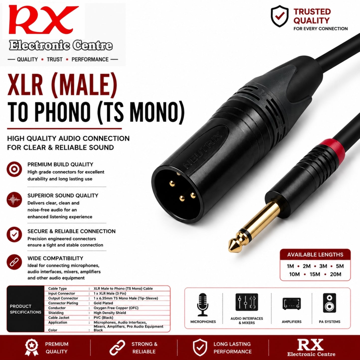 Premium XLR Male to 6.35mm Phono Mono (TS) Audio Cable