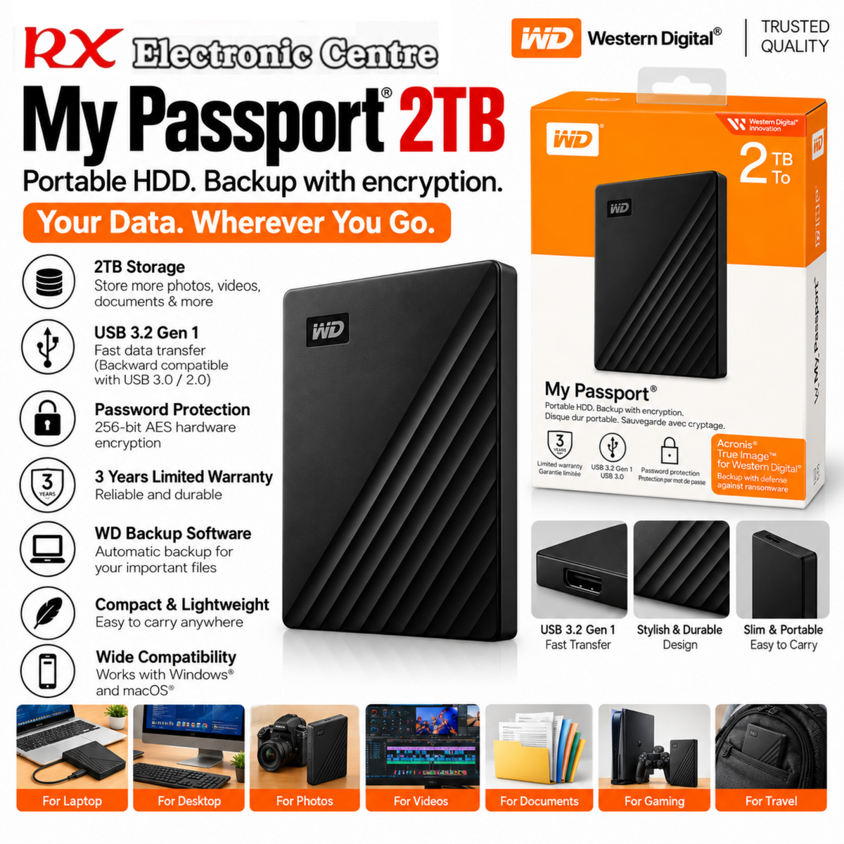 WD My Passport 2TB Portable External Hard Drive | USB 3.2 Gen 1 | Password Protection & 256-bit AES Encryption – Black