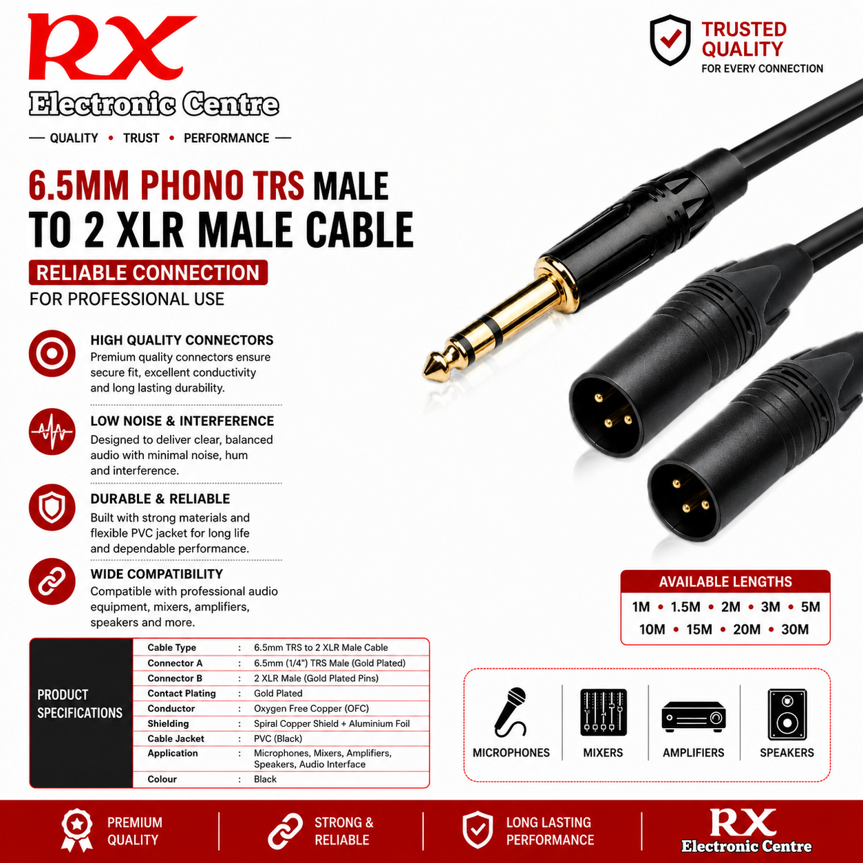Premium 6.5MM PHONO TRS MALE TO 2 XLR MALE CABLE