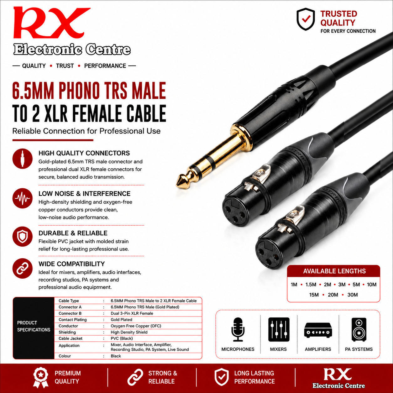 Premium 6.5MM PHONO TRS MALE TO 2 XLR FEMALE CABLE