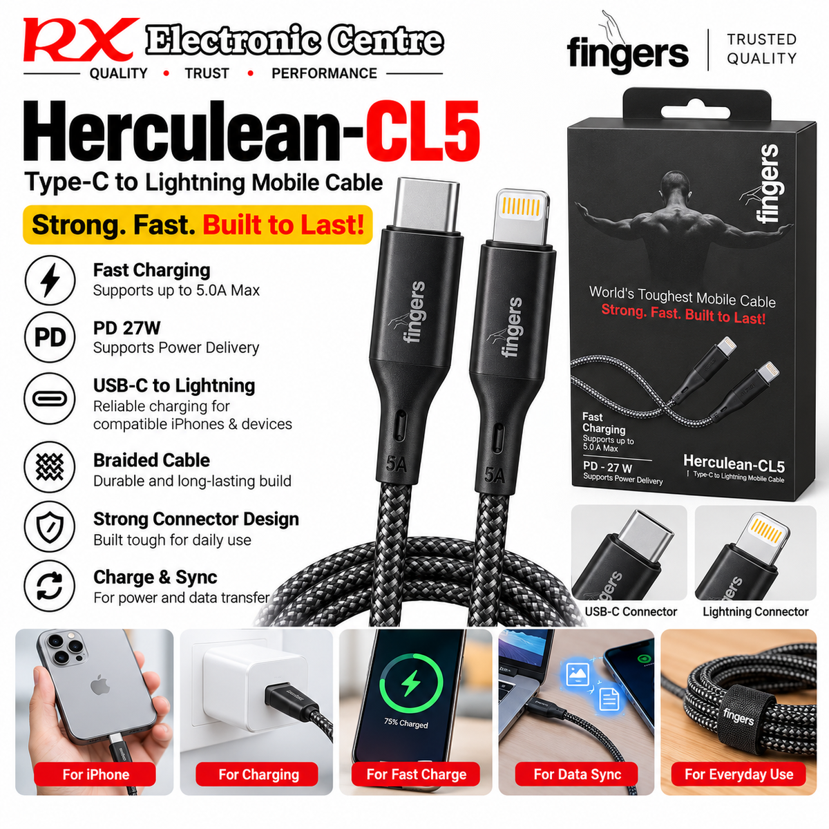 FINGERS Herculean-CL5 – USB-C to Lightning 27W Fast Charging & Data Cable