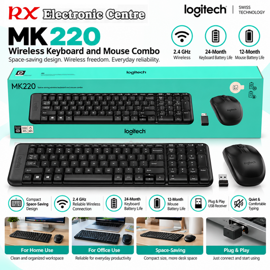 Logitech MK220 Wireless Keyboard & Mouse Combo | 2.4GHz USB Receiver | Compact Space-Saving Design – Black