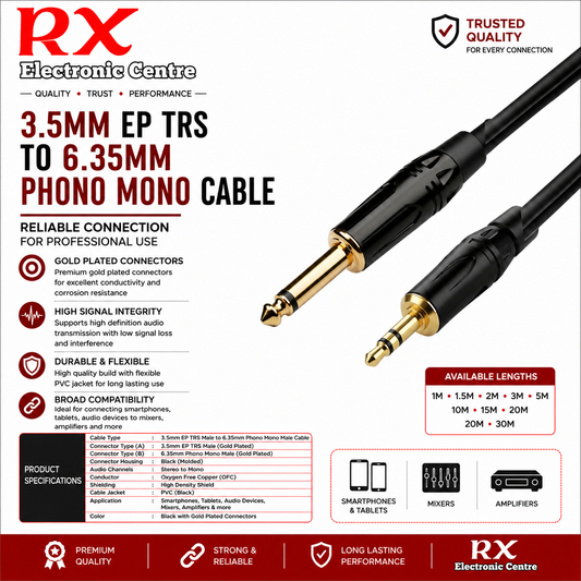 Premium  EP 3.5mm TRS to 6.35mm Phono Mono Cable