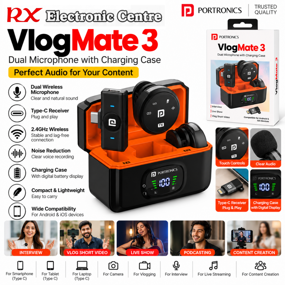 Portronics VlogMate 3 Dual Wireless Microphone with Charging Case | 2.4GHz | Type-C Receiver | Noise Reduction – Black