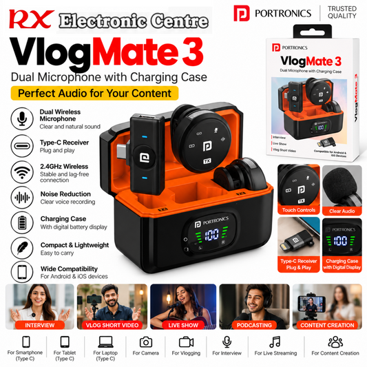 Portronics VlogMate 3 Dual Wireless Microphone with Charging Case | 2.4GHz | Type-C Receiver | Noise Reduction – Black