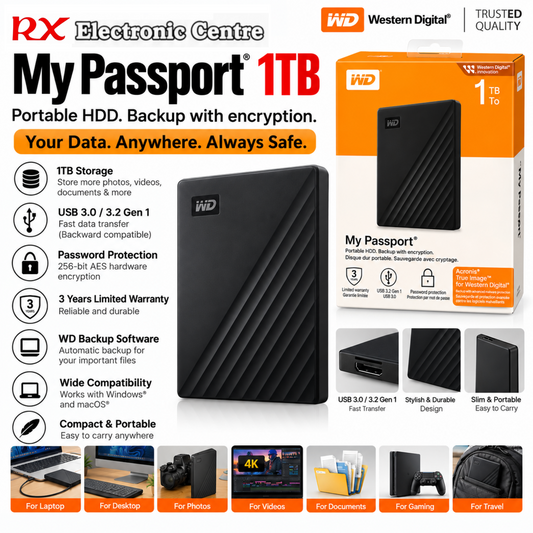 WD My Passport 1TB Portable External Hard Drive | USB 3.2 Gen 1 | Password Protection & 256-bit AES Encryption – Black