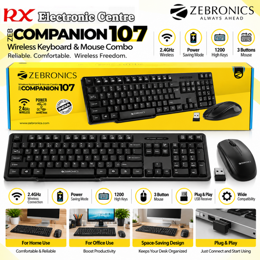 Zebronics ZEB-Companion 107 Wireless Keyboard & Mouse Combo | 2.4GHz | Power Saving Mode – Black