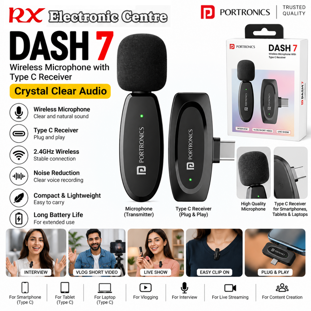 Portronics Dash 7 Wireless Microphone with Type-C Receiver | 2.4GHz | Noise Reduction – Black