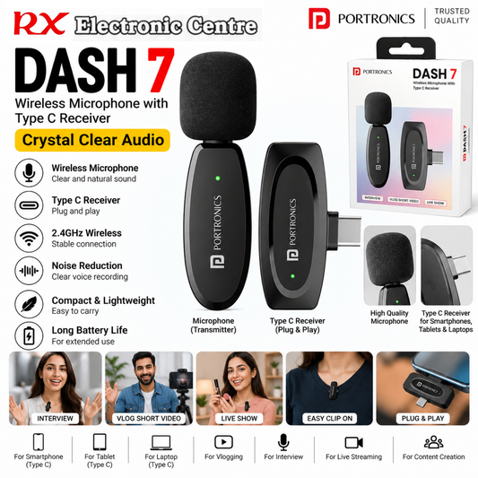 Portronics Dash 7 Wireless Microphone with Type-C Receiver | 2.4GHz | Noise Reduction – Black