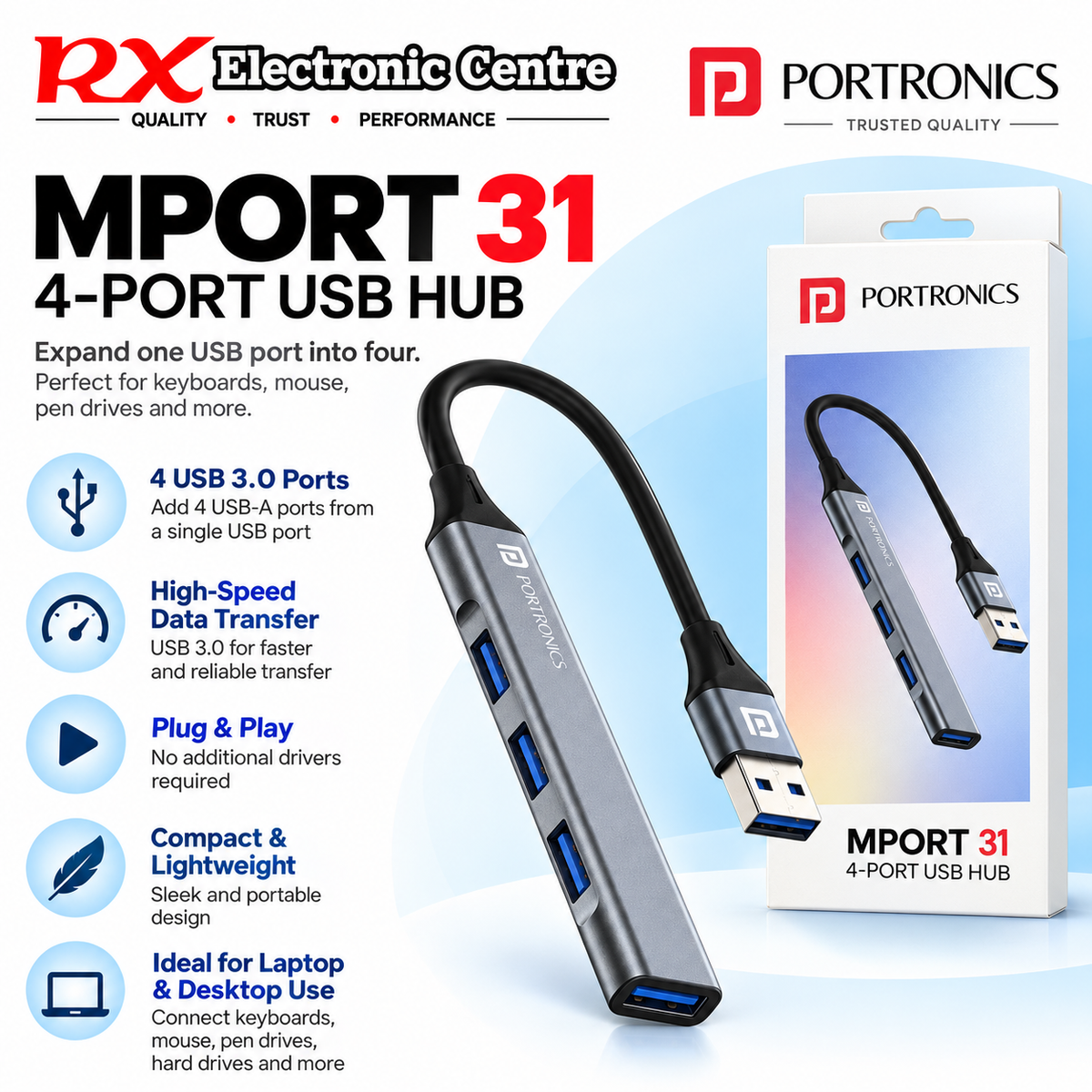 Portronics MPORT 31 – 4-Port USB 3.0 High-Speed Hub