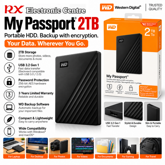 WD My Passport 2TB Portable External Hard Drive | USB 3.2 Gen 1 | Password Protection & 256-bit AES Encryption – Black