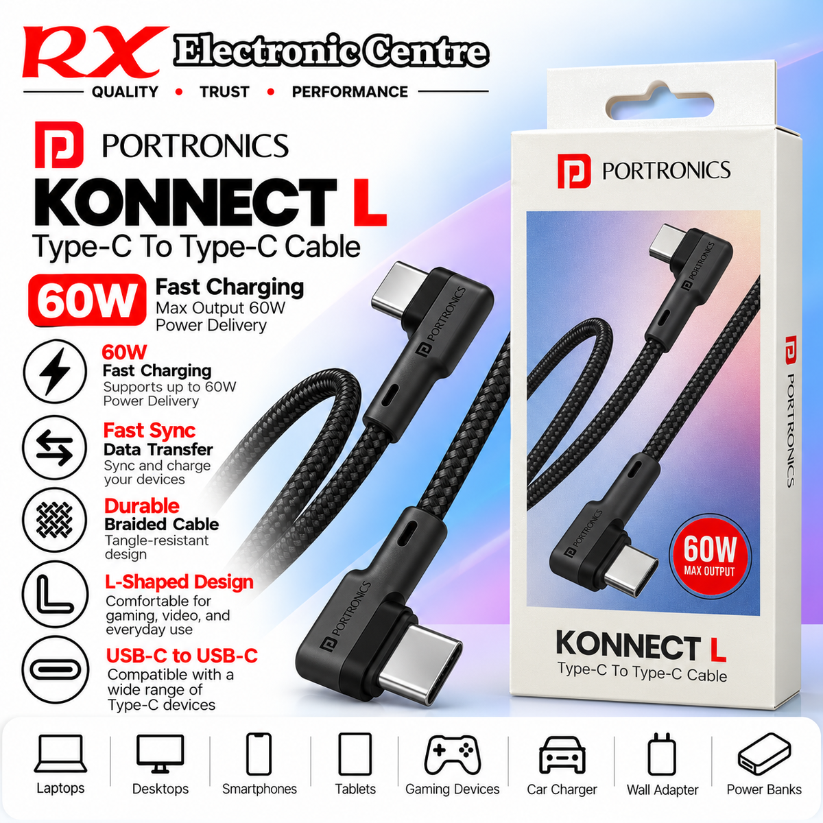 Portronics KONNECT L – 60W USB-C to USB-C Fast Charging Cable