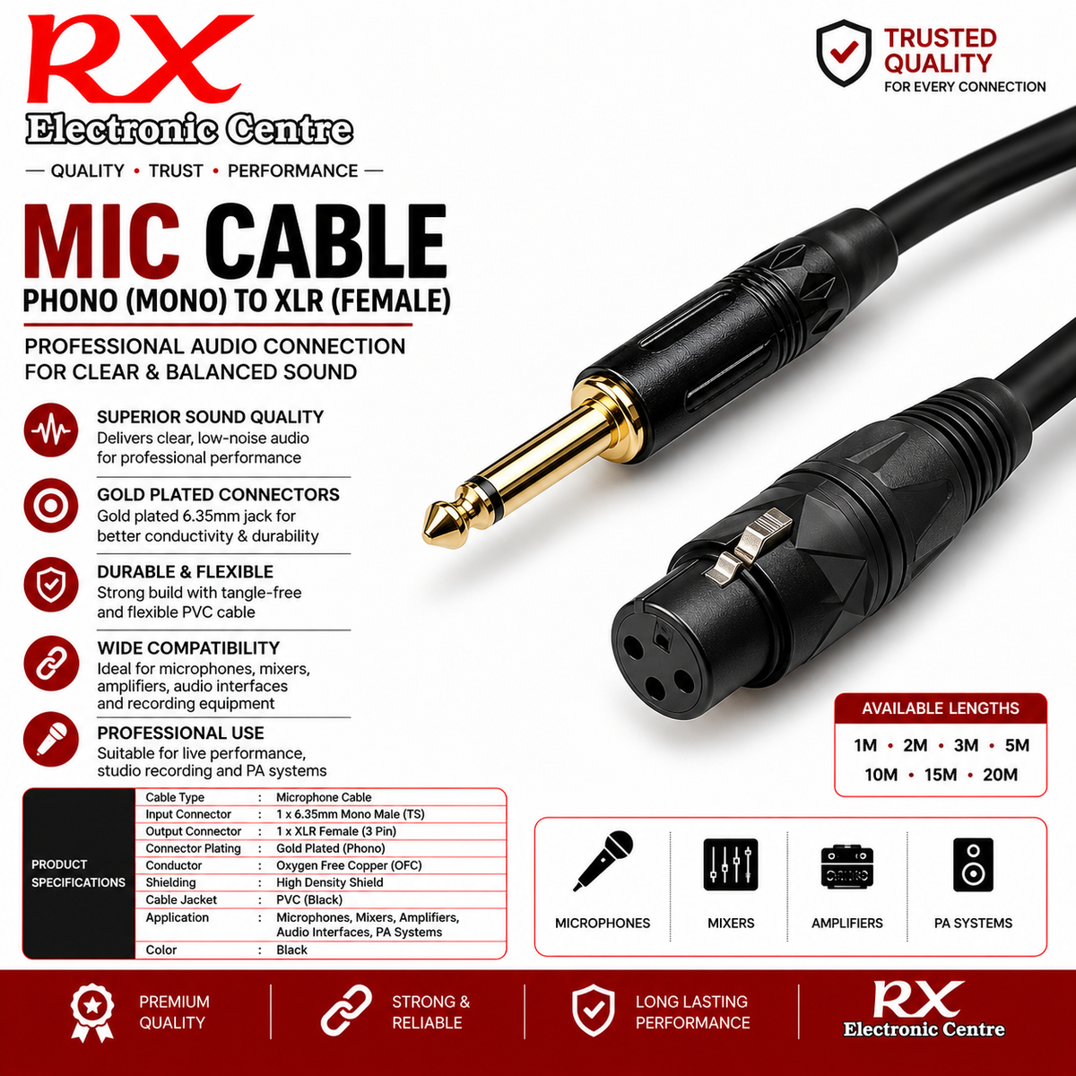 Premium 6.35mm Mono Phono to XLR Female Microphone Cable – Professional Audio Cable