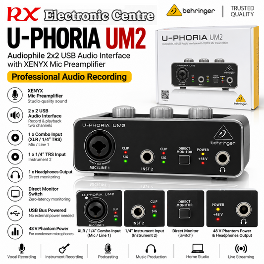 Behringer U-PHORIA UM2 2x2 USB Audio Interface | XENYX Mic Preamp | 48V Phantom Power – Black