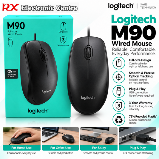 Logitech M90 Full-Size Wired USB Optical Mouse – Black