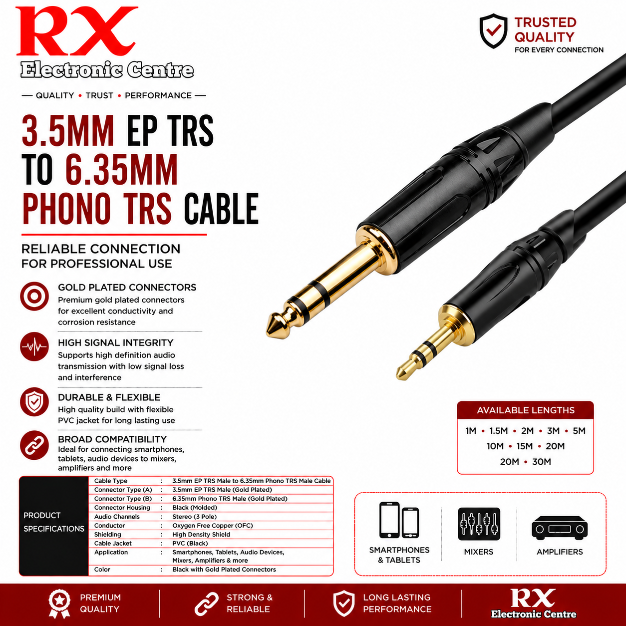 Premium EP 3.5mm TRS Male to 6.35mm (1/4") Phono TRS Male Audio Cable