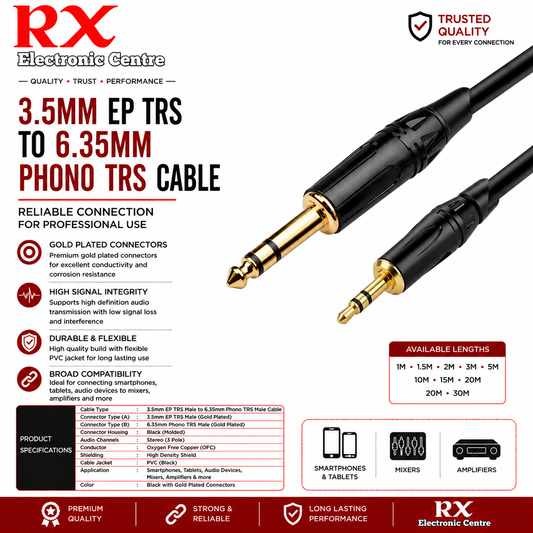 Premium EP 3.5mm TRS Male to 6.35mm (1/4") Phono TRS Male Audio Cable