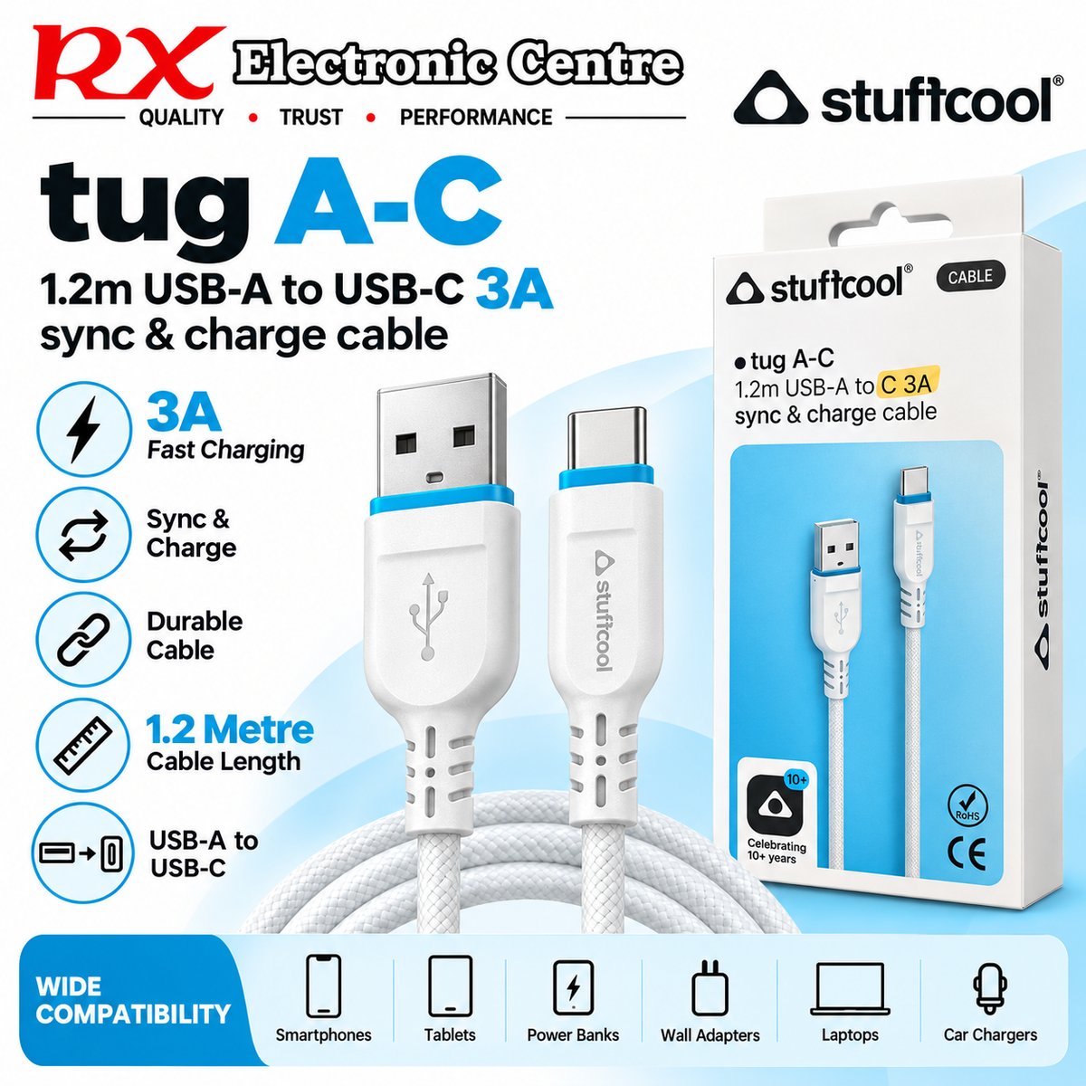 Stuffcool tug A-C 3A – 1.2M USB-A to USB-C Fast Charging &amp; Data Cable