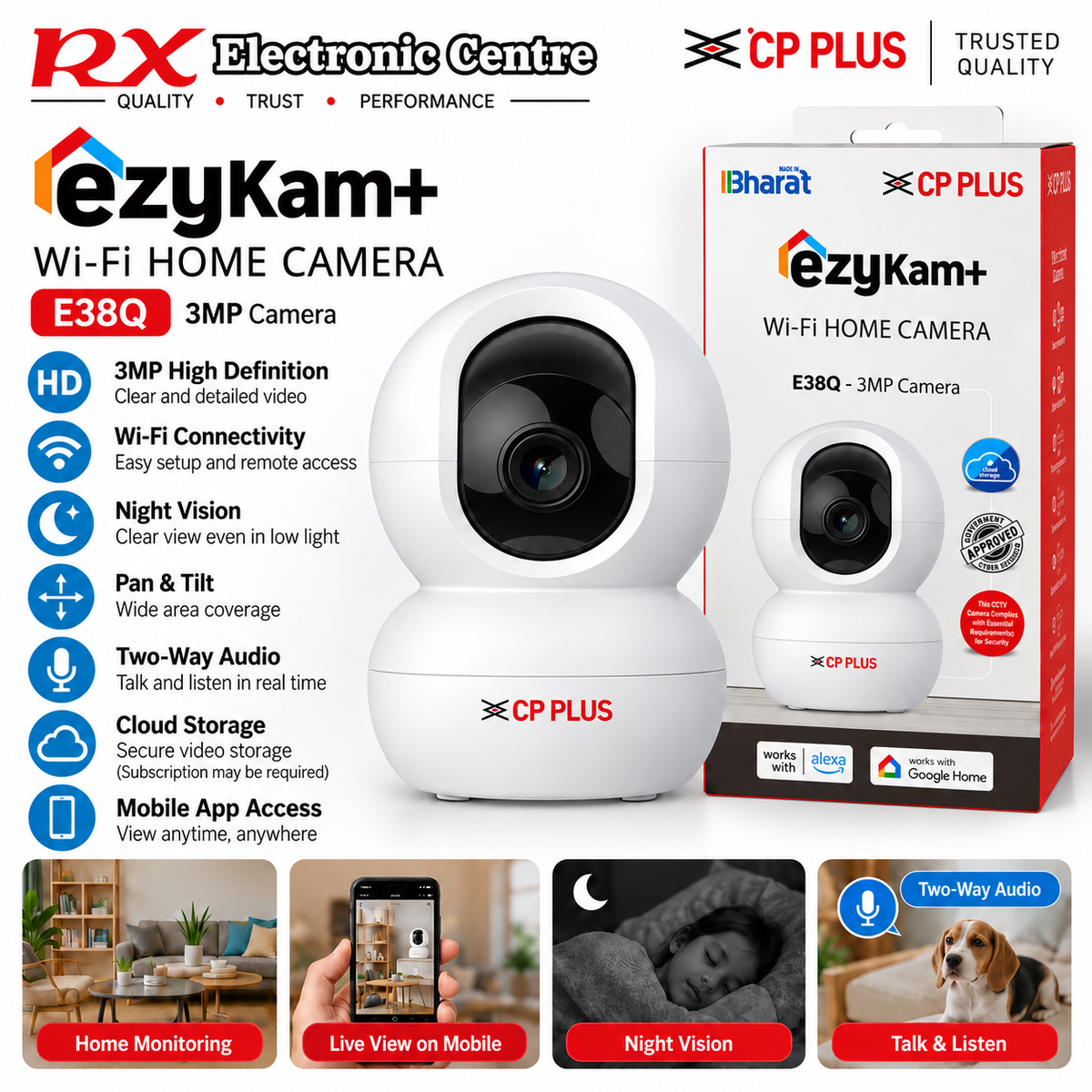 CP PLUS ezyKam+ E38Q 3MP Wi-Fi Home Security Camera