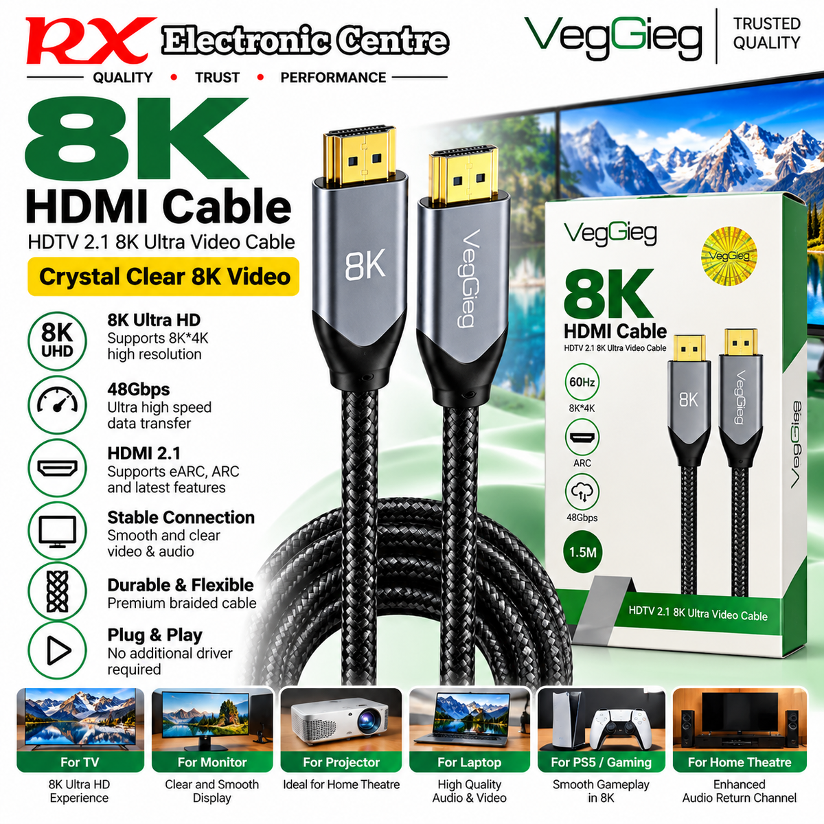 VegGieg 8K HDMI 2.1 Cable – 1.5M Ultra HD HDMI Male to Male Cable